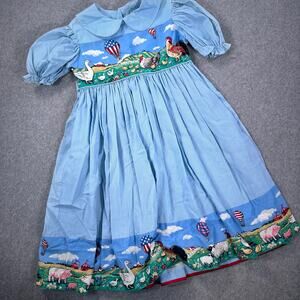Rags From Richards Girls Size 7 Dress Chicken Rooster Hot Air Ballon Blue Gingha